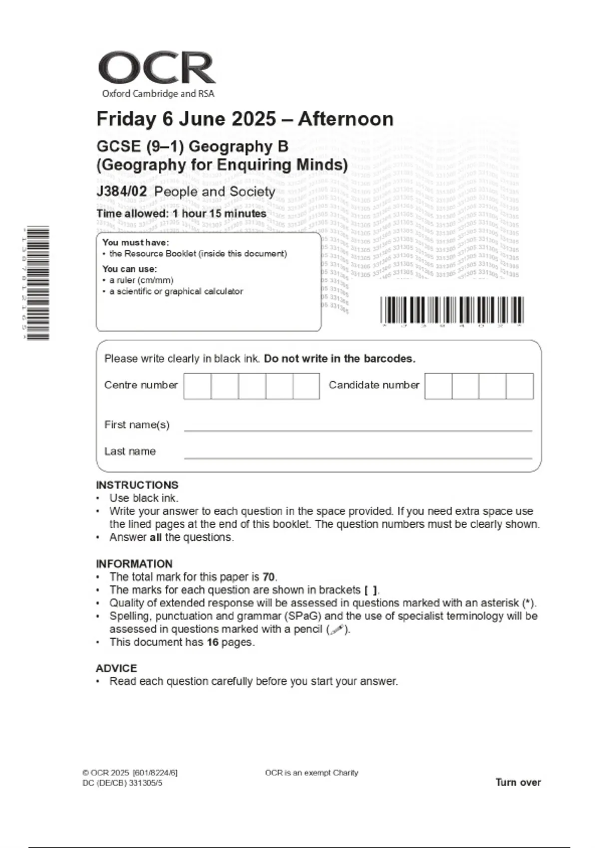2025 OCR GCSE (9–1) Geography B (Geography for Enquiring Minds) J384/02 ...