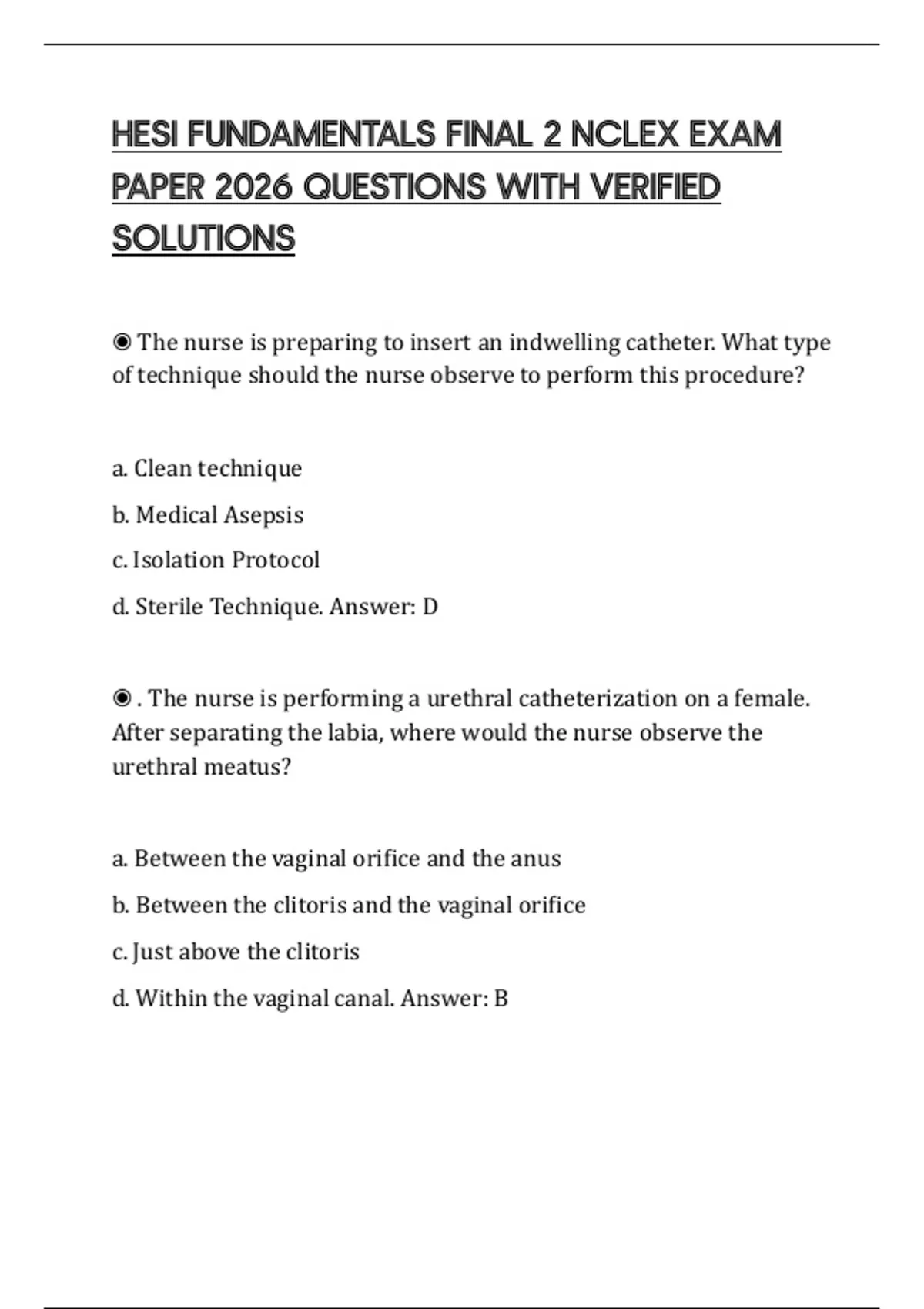 HESI FUNDAMENTALS FINAL 2 NCLEX EXAM PAPER 2026 QUESTIONS WITH VERIFIED ...
