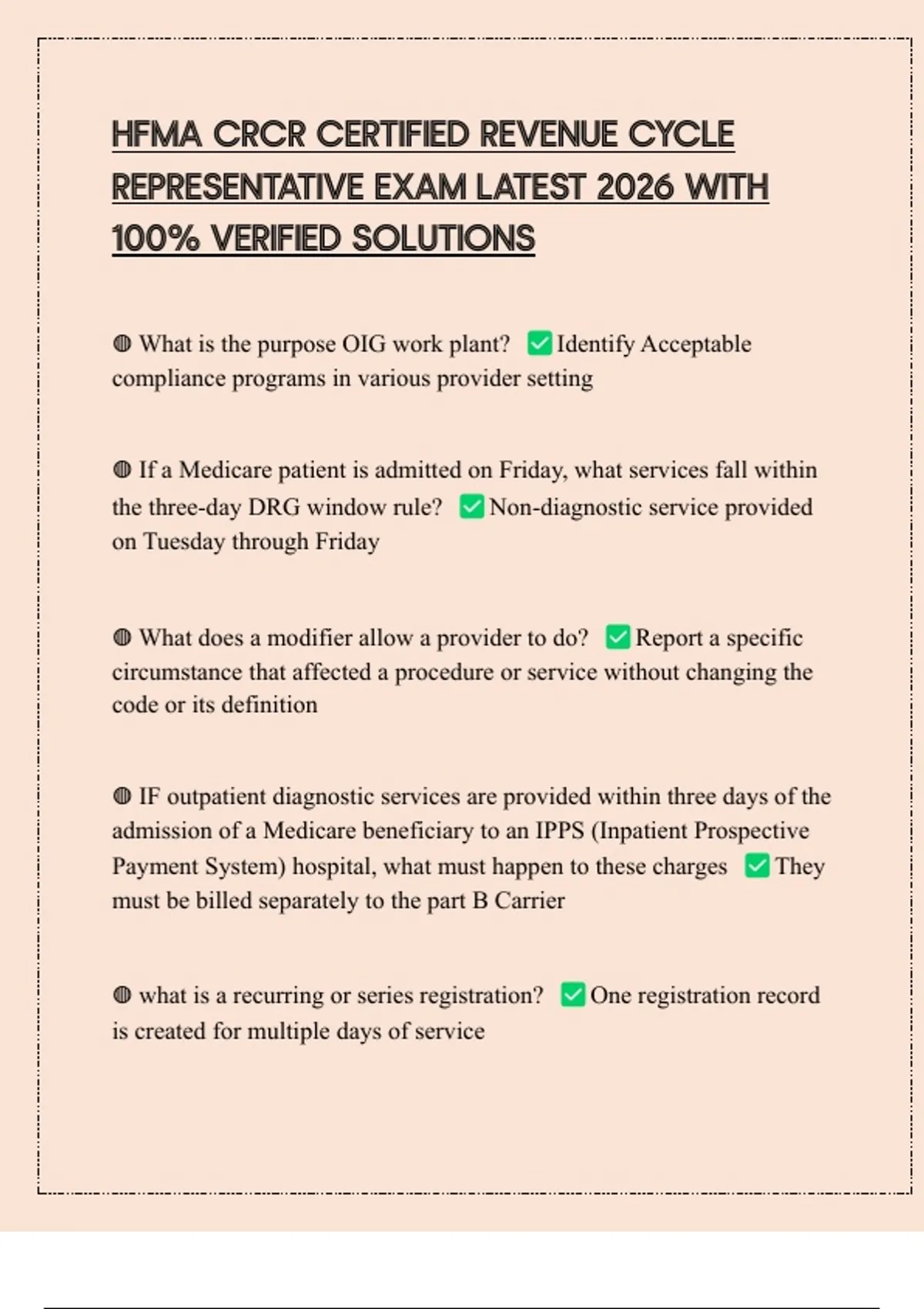 HFMA CRCR CERTIFIED REVENUE CYCLE REPRESENTATIVE EXAM LATEST 2026 WITH ...