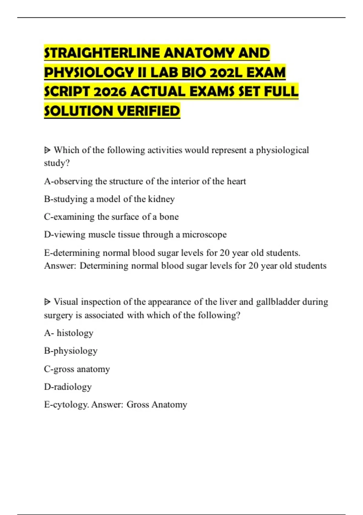 STRAIGHTERLINE ANATOMY AND PHYSIOLOGY II LAB BIO 202L EXAM SCRIPT 2026 ...