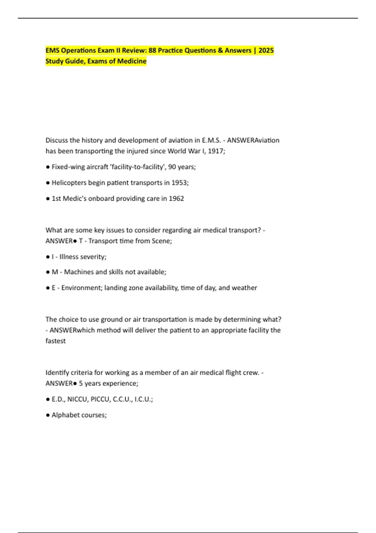 EMS Operations Exam II Review: 88 Practice Questions & Answers | 2025 ...