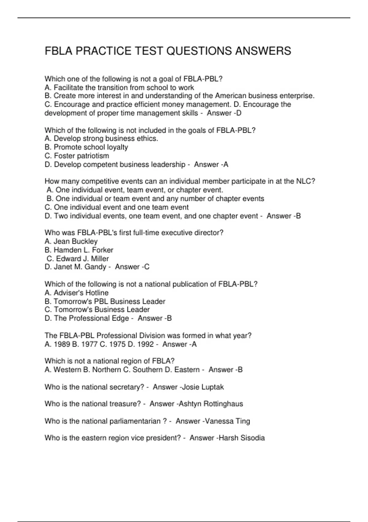 FBLA PRACTICE TEST QUESTIONS ANSWERS - FBLA - Stuvia US