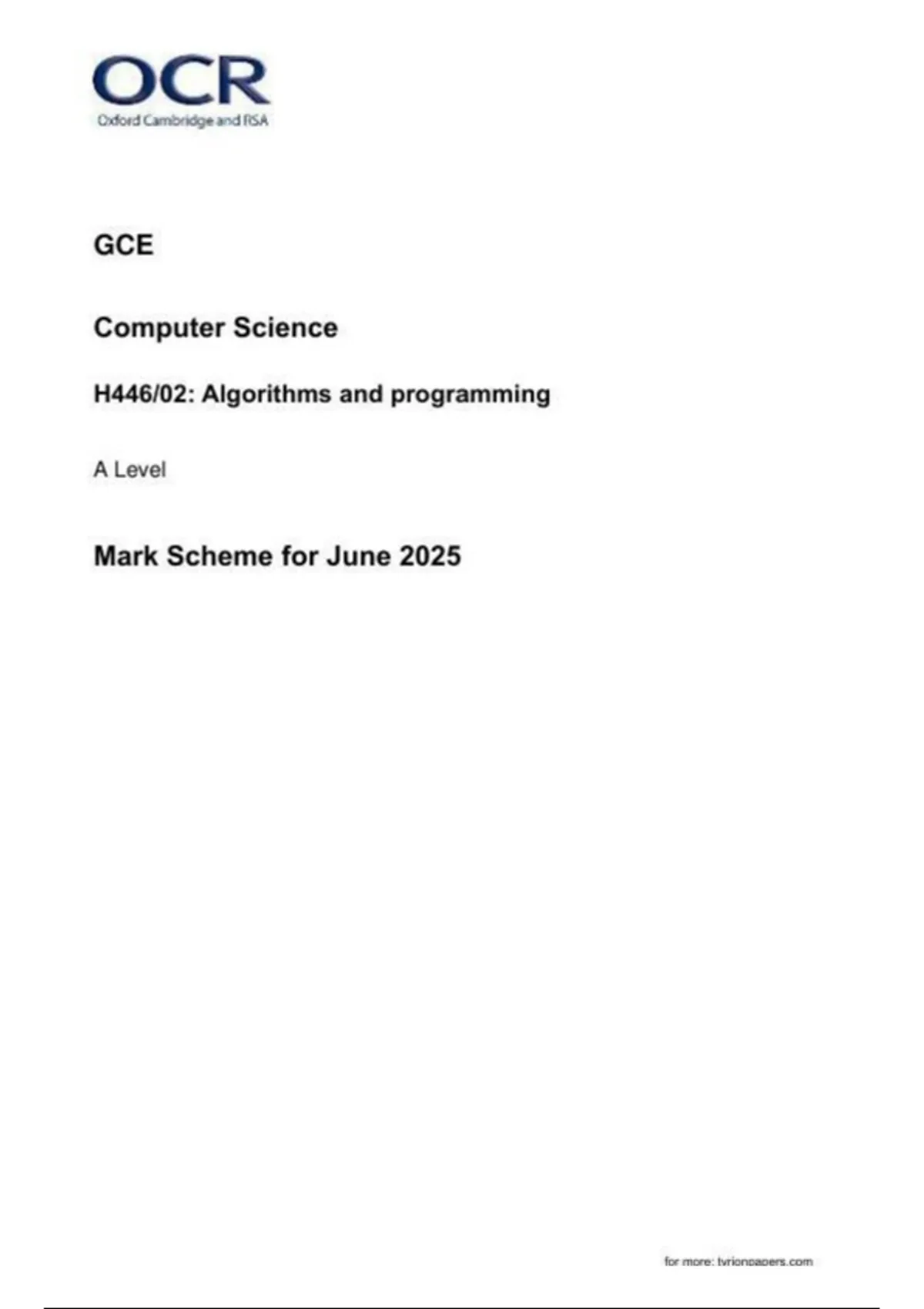 OCR A Level Computer Science paper 2| H446_02| June 2025 Final mark ...