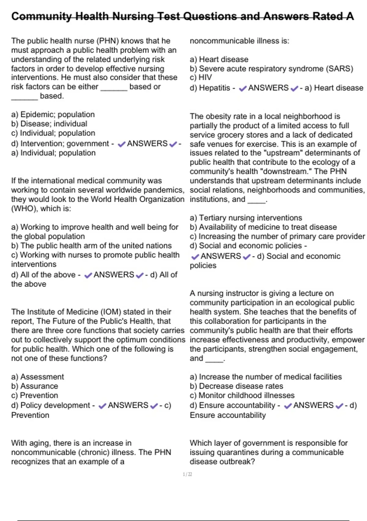 Community Health Nursing Test Questions and Answers Rated A - Community Health Nursing - Stuvia US