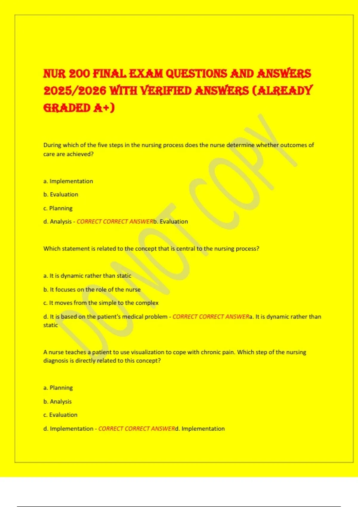 NUR 200 FINAL EXAM QUESTIONS AND ANSWERS 2025/2026 WITH VERIFIED ...