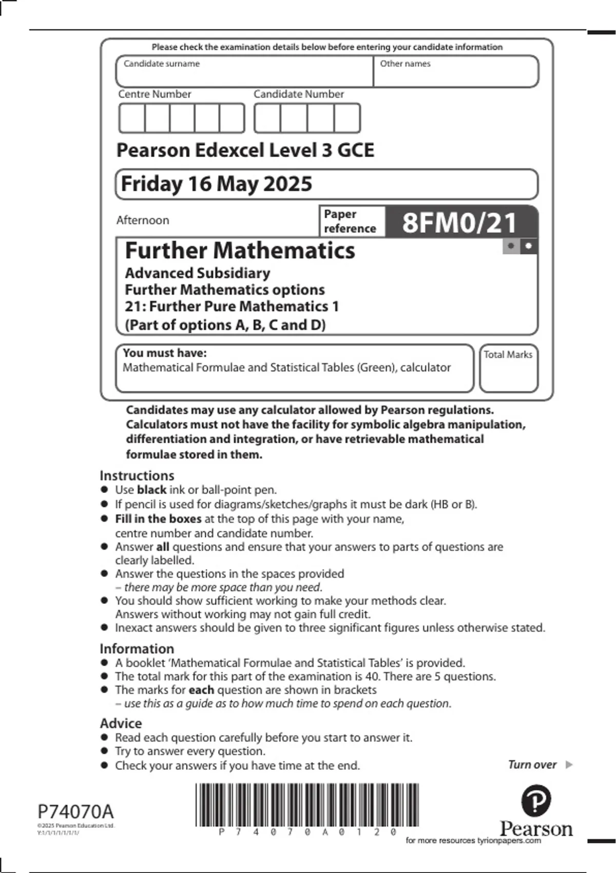 EDEXCEL AS LEVEL MAY JUNE 2025 FURTHER MATHS PAPER 21 FURTHER PURE ...