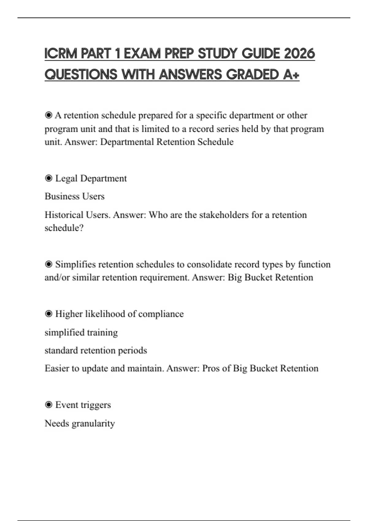ICRM PART 1 EXAM PREP STUDY GUIDE 2026 QUESTIONS WITH ANSWERS GRADED A+ ...