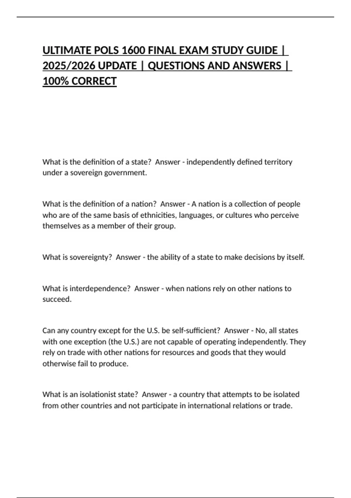 ULTIMATE POLS 1600 FINAL EXAM STUDY GUIDE | 2025/2026 UPDATE ...