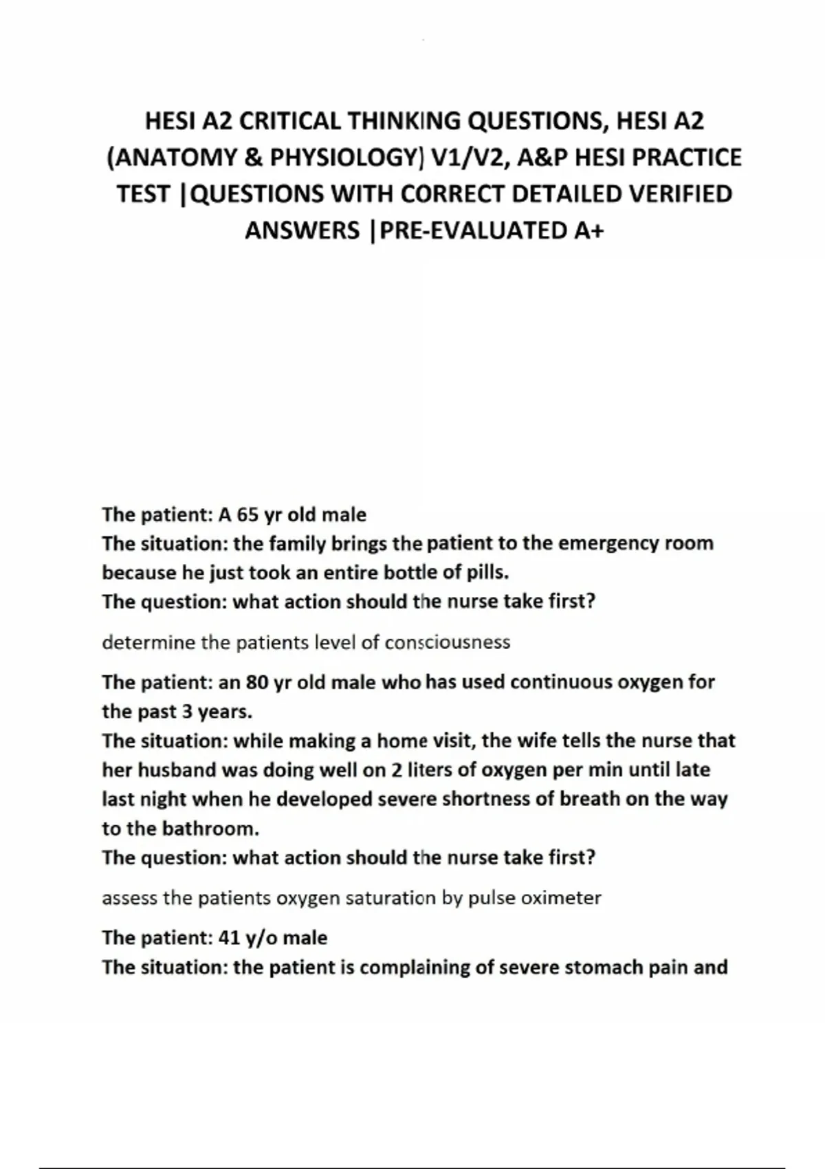 HESI A2 Critical Thinking & Anatomy and Physiology (A&P) – V1-V2 Practice Tests with Correct ...