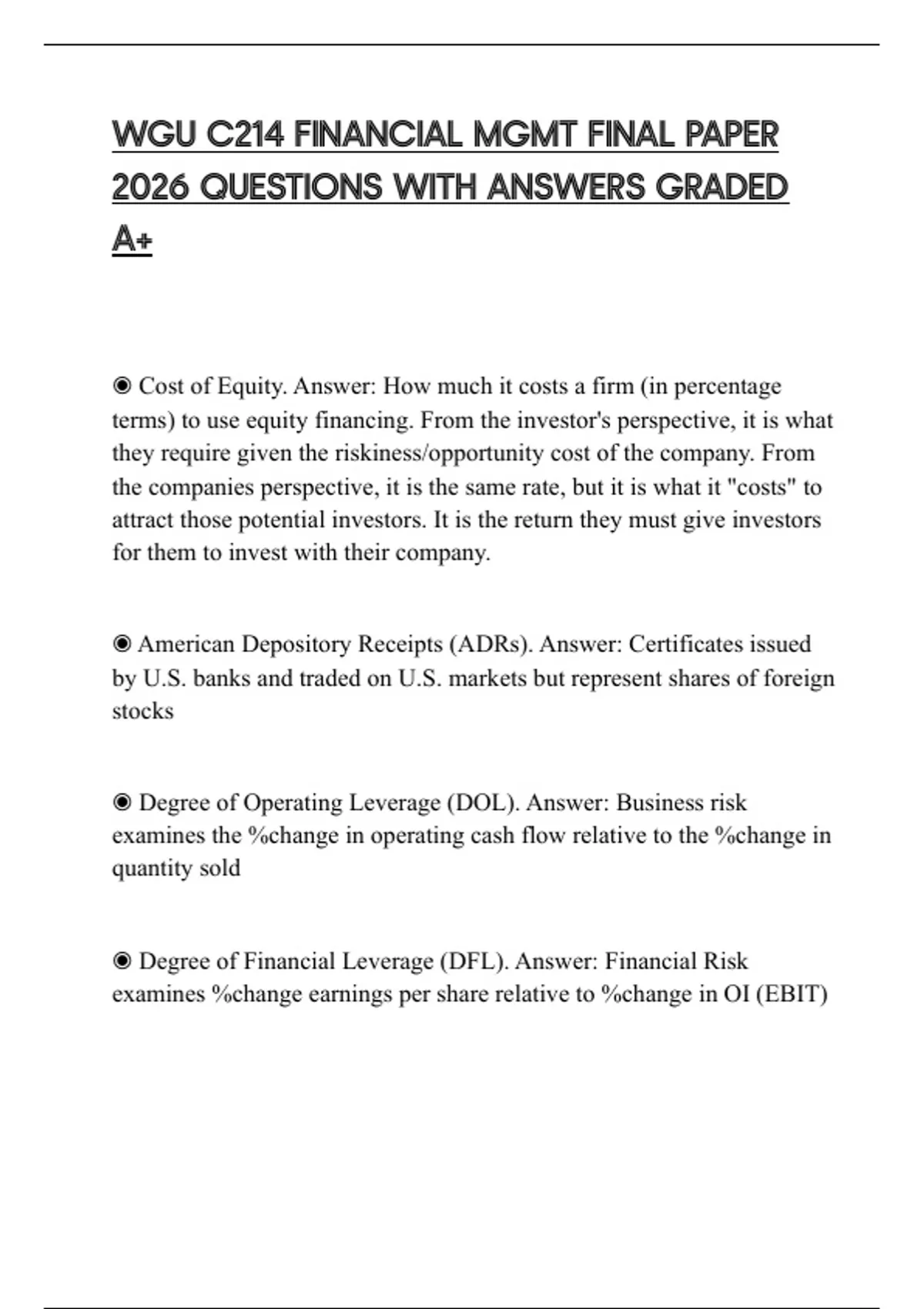 WGU C214 FINANCIAL MGMT FINAL PAPER 2026 QUESTIONS WITH ANSWERS GRADED ...