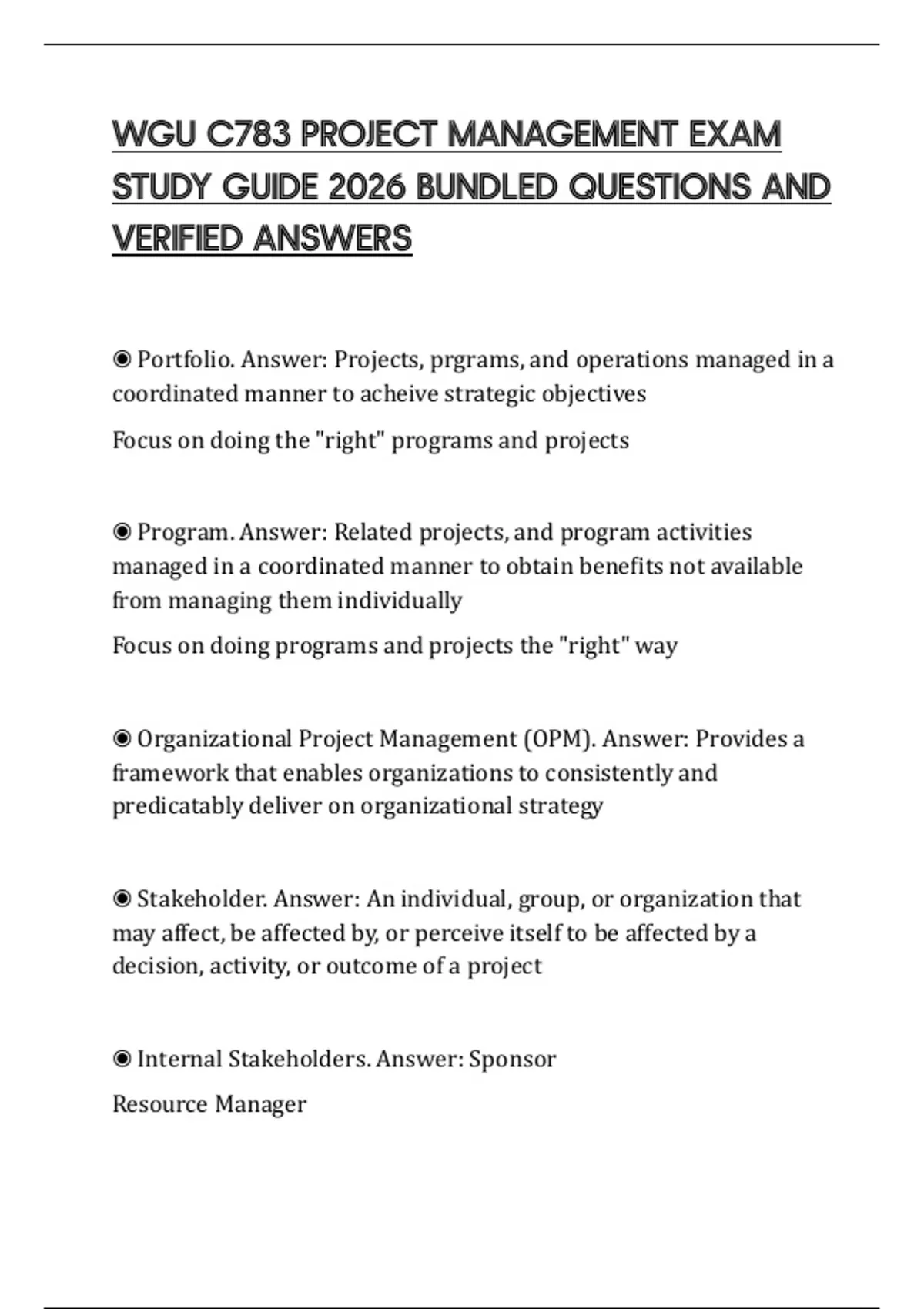 WGU C783 PROJECT MANAGEMENT EXAM STUDY GUIDE 2026 BUNDLED QUESTIONS AND ...