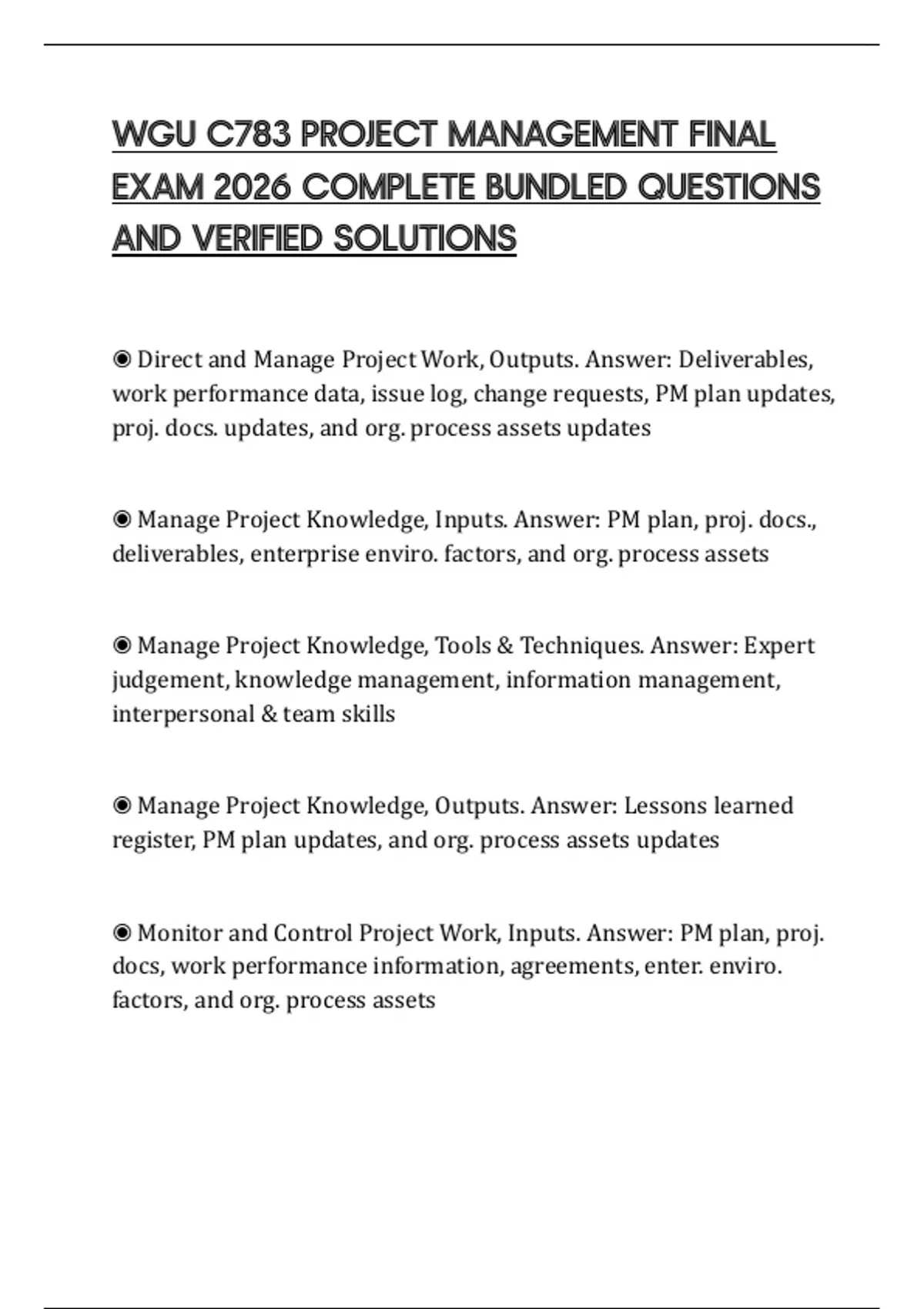 WGU C783 PROJECT MANAGEMENT FINAL EXAM 2026 COMPLETE BUNDLED QUESTIONS ...