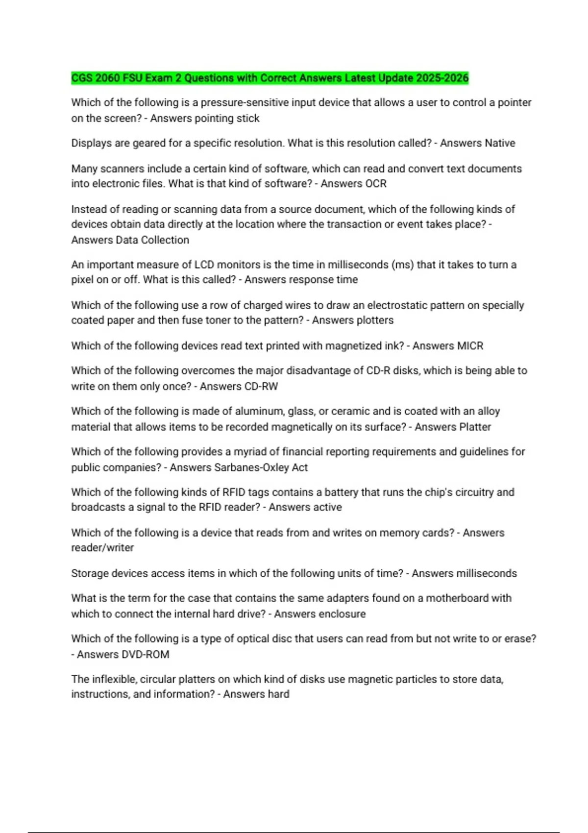 CGS 2060 FSU Exam 2 Questions with Correct Answers Latest Update - CGS ...