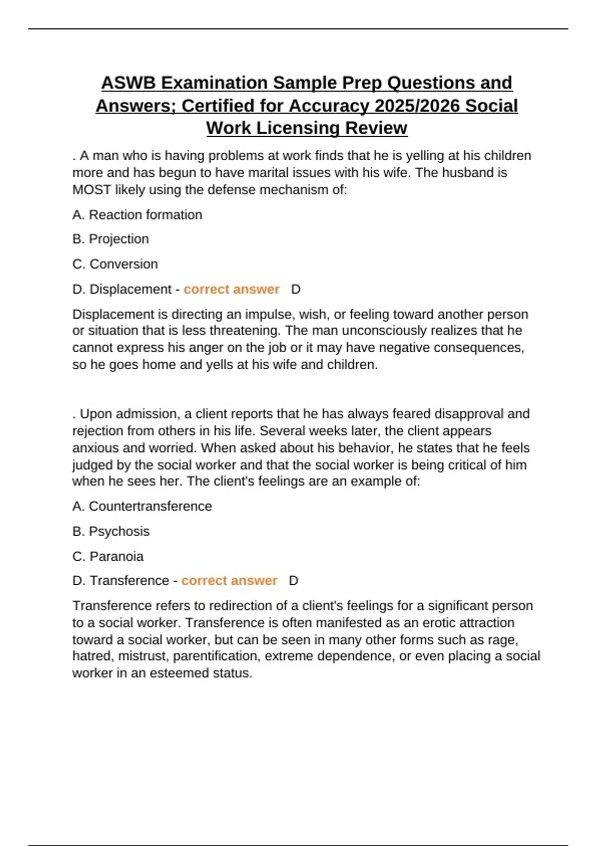 ASWB Examination Sample Prep Questions and Answers; Certified for ...