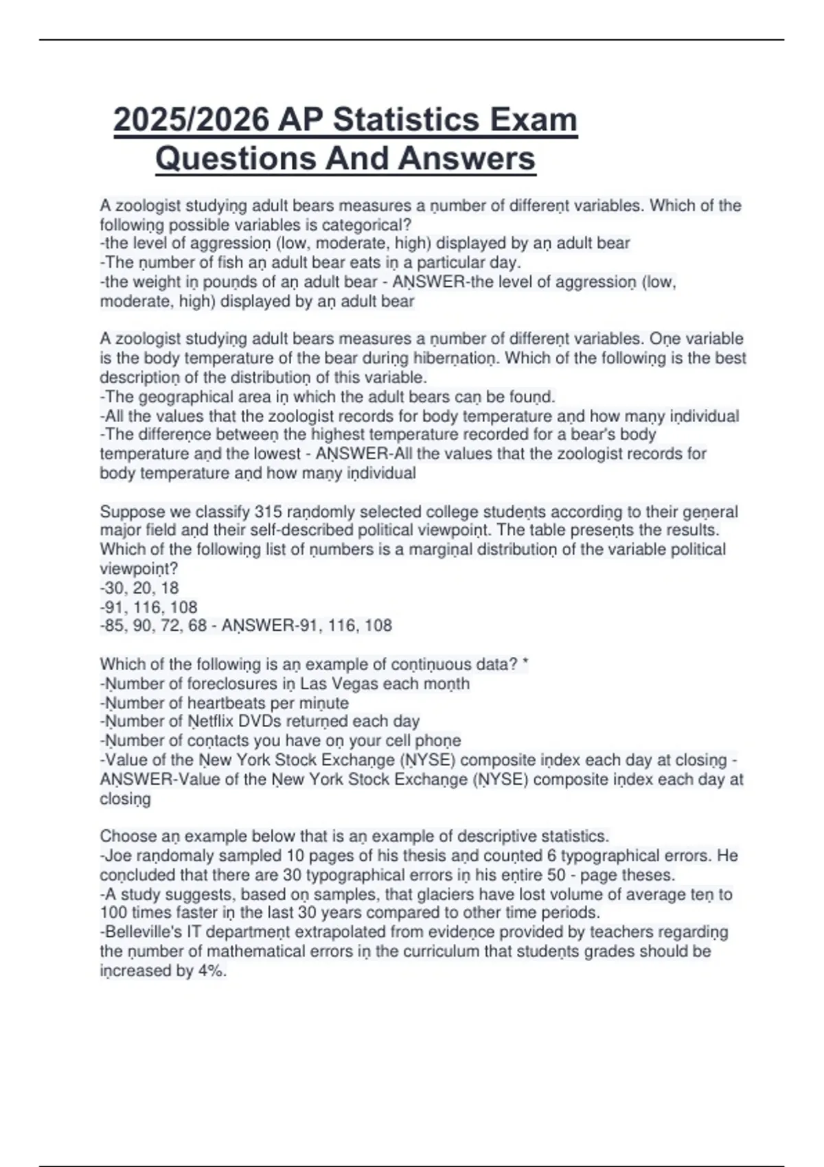 2025/2026 AP Statistics Exam Questions And Answers - AP Statistics ...