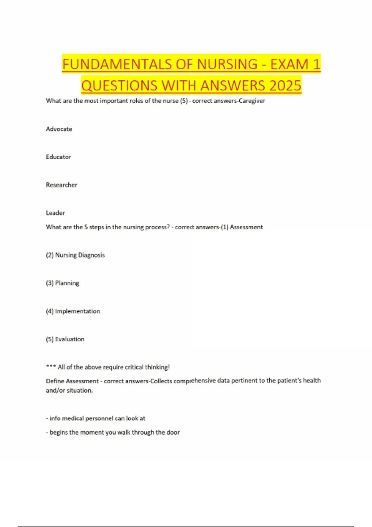 FUNDAMENTALS OF NURSING - EXAM 1 QUESTIONS WITH ANSWERS 2025 ...