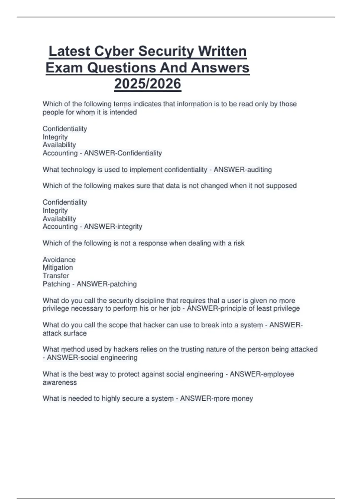 Latest Cyber Security Written Exam Questions And Answers 2025/2026 ...