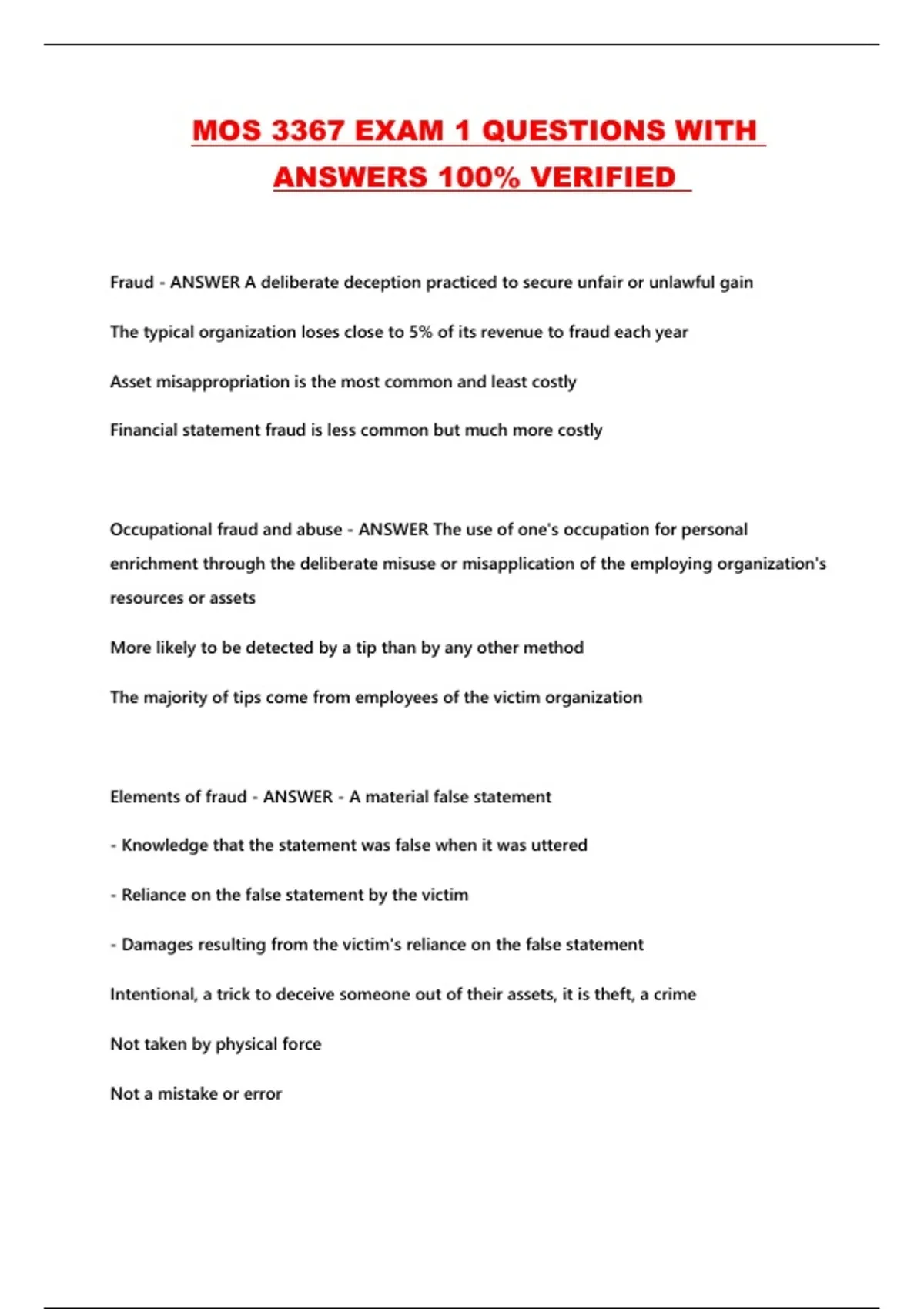 MOS 3367 EXAM 1 QUESTIONS WITH ANSWERS 100% VERIFIED - MOS 3367 - Stuvia US