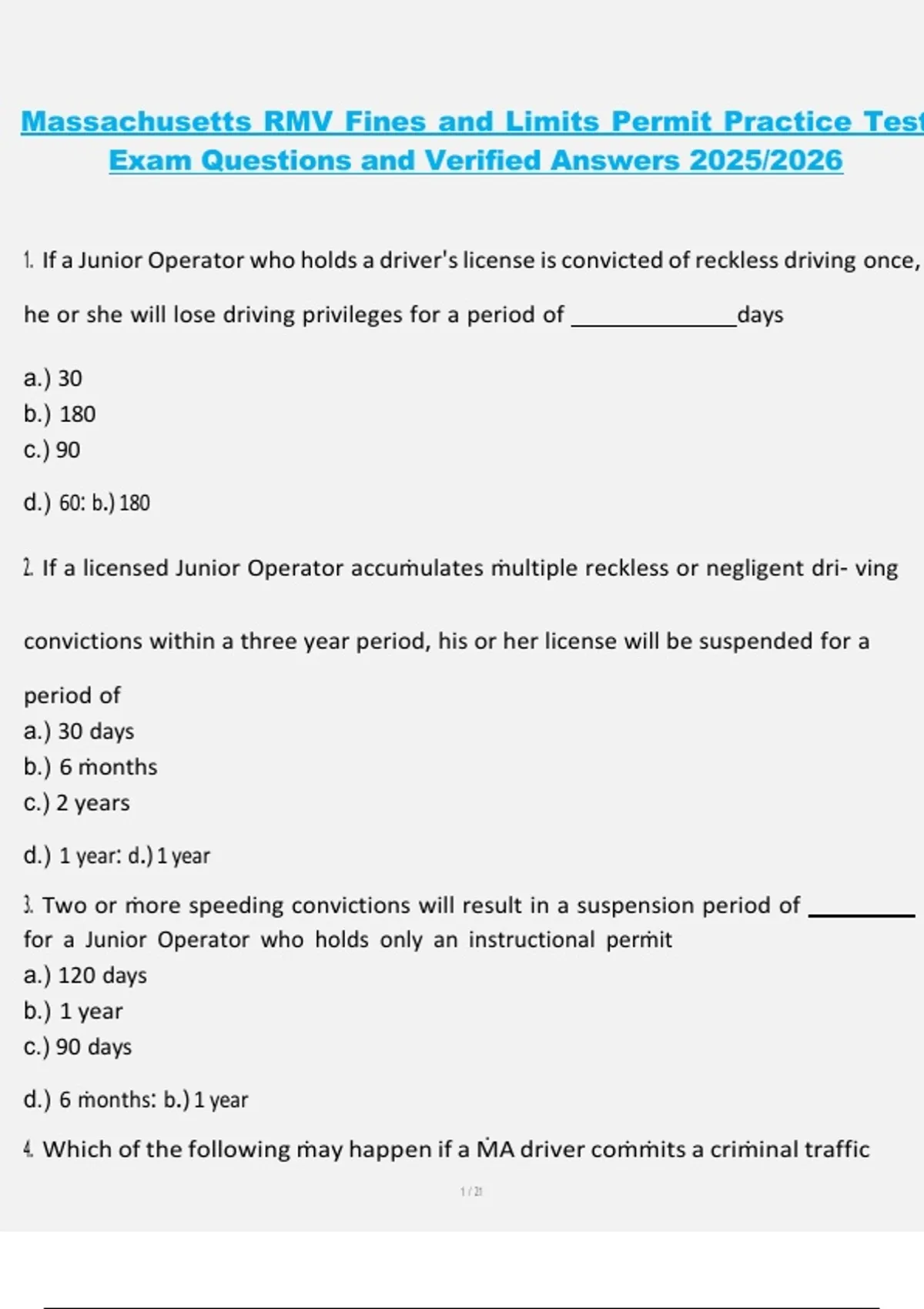 Massachusetts RMV Fines and Limits Permit Practice Test – Exam Questions and Verified Answers ...