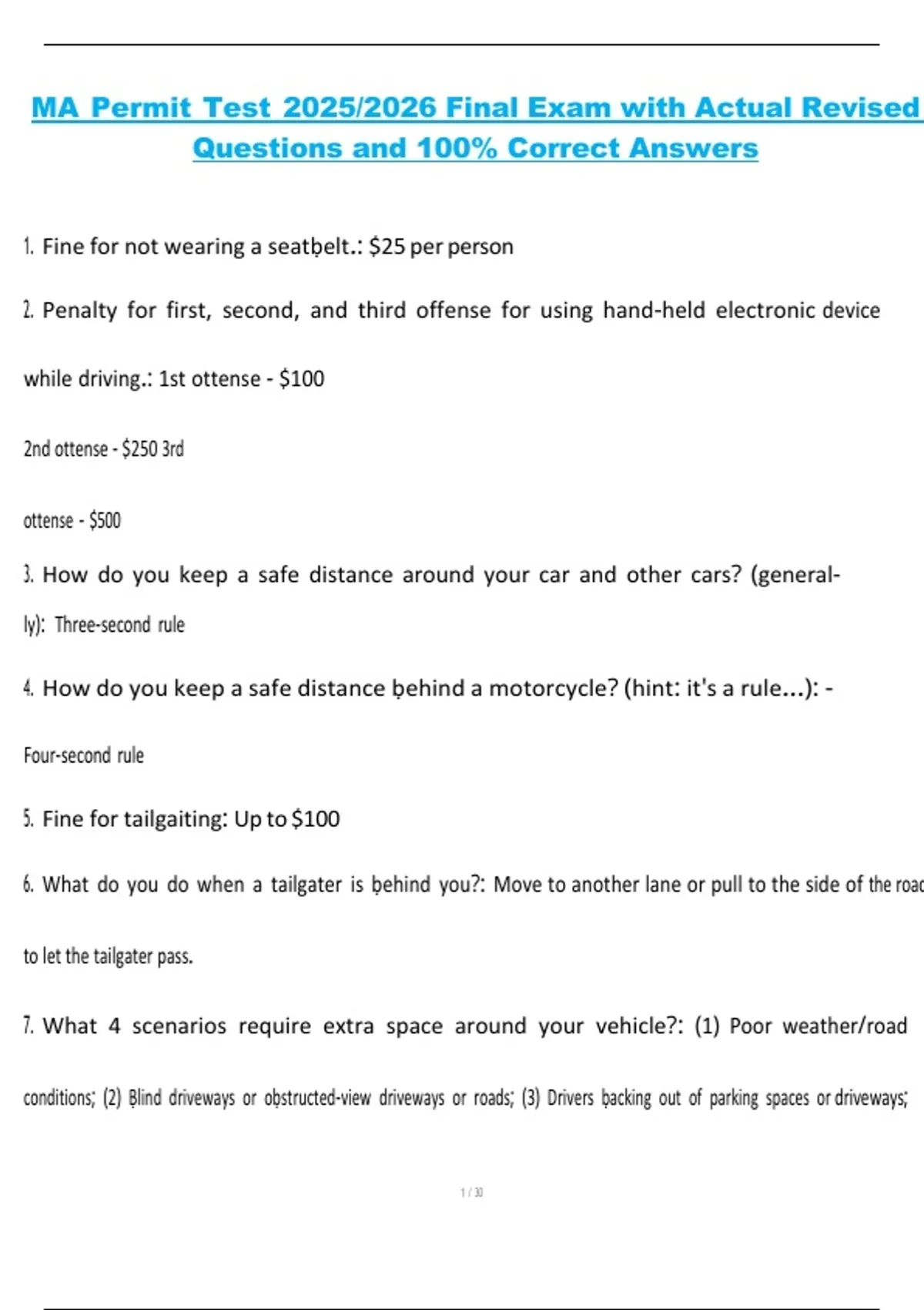MA Permit Test Final Exam 2025/2026 – Actual Revised Questions and 100% ...