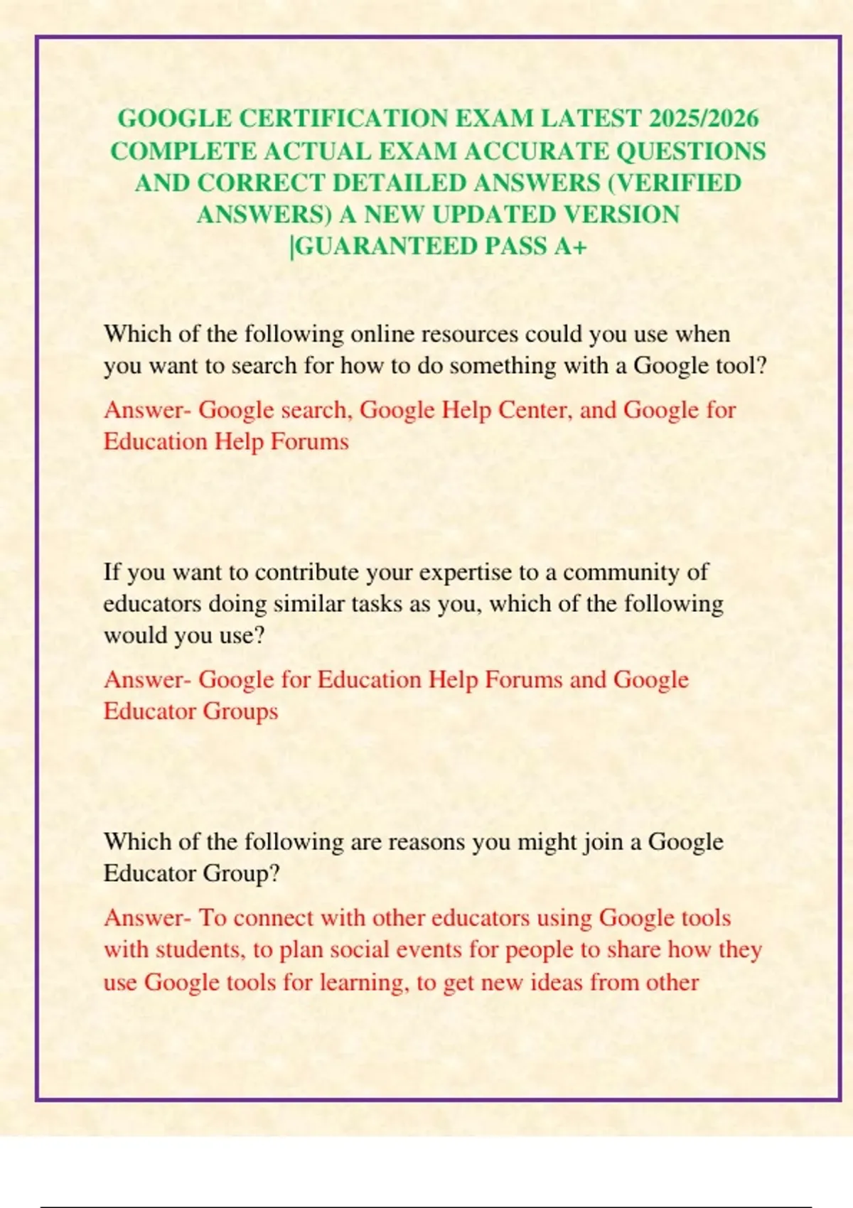 GOOGLE CERTIFICATION EXAM LATEST 2025/2026 COMPLETE ACTUAL EXAM ...