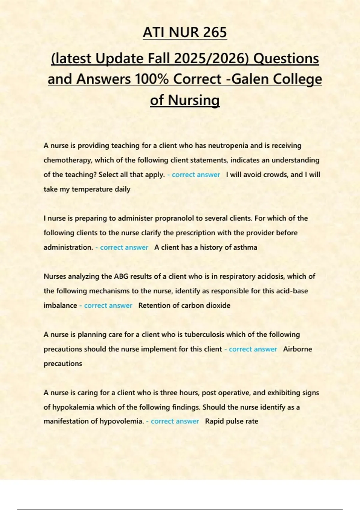 NUR 265 Exam 4 (latest Update Fall 2025/2026) Questions and Answers 100 ...