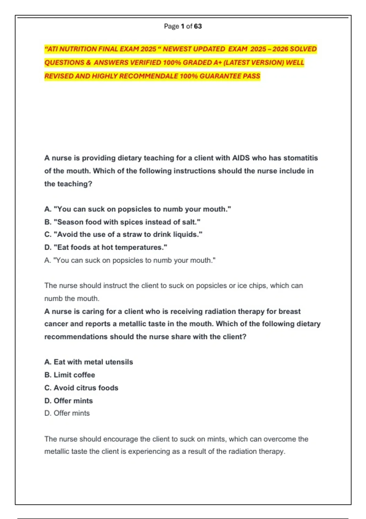 “ATI NUTRITION FINAL EXAM 2025 “ NEWEST UPDATED EXAM 2025 – 2026 SOLVED ...