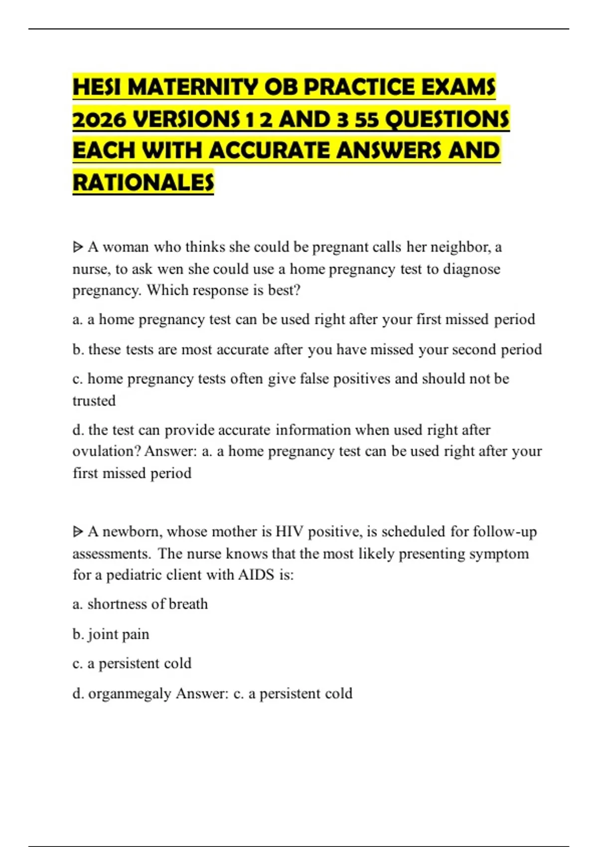 HESI MATERNITY OB PRACTICE EXAMS 2026 VERSIONS 1 2 AND 3 55 QUESTIONS ...