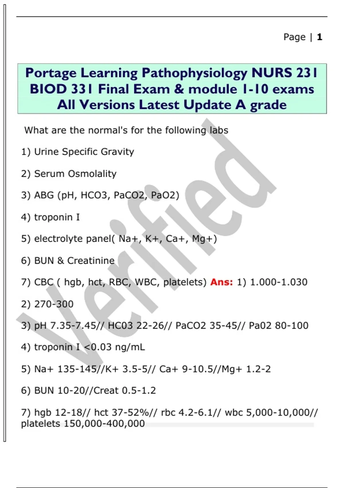 Portage Learning Pathophysiology NURS 231 BIOD 331 Final Exam & module ...