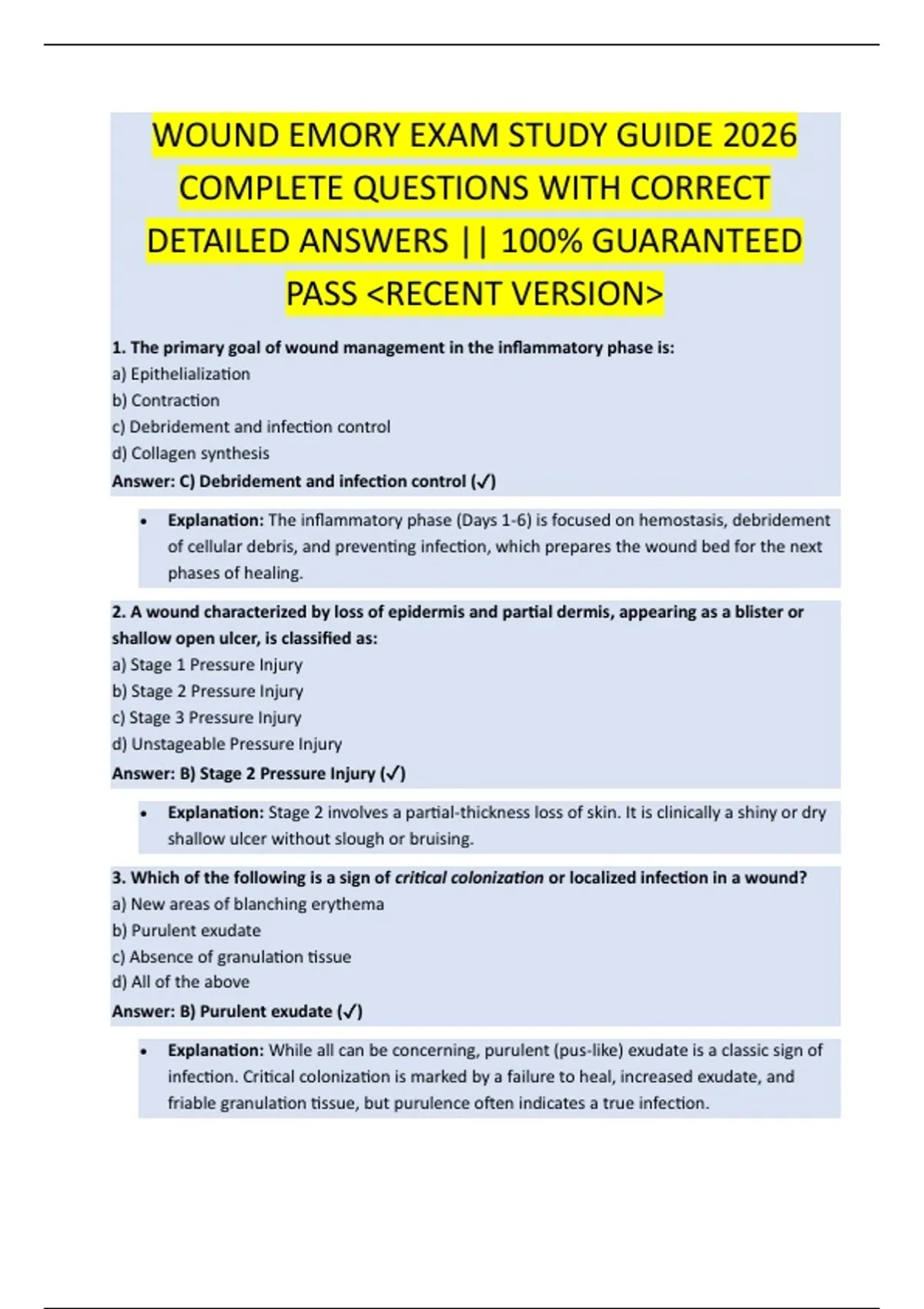 WOUND EMORY EXAM STUDY GUIDE 2026 COMPLETE QUESTIONS WITH CORRECT ...