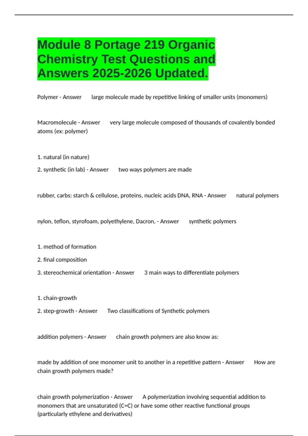 Orgo Module 8 Study Guide Module 8 Portage 219 Organic Chemistry Test Questions and Answers ...