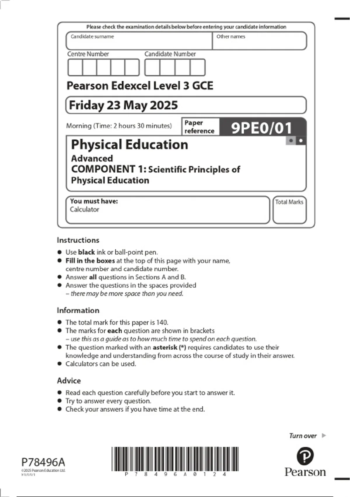 PACKAGE-::2025 Pearson Edexcel Level 3 GCE Physical Education Advanced ...