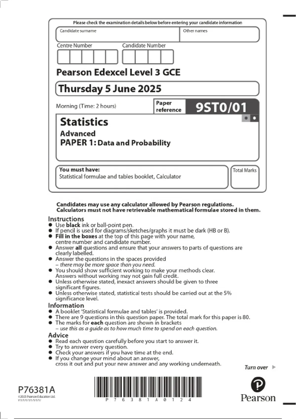 PACKAGE-::2025 Pearson Edexcel Level 3 GCE Statistics Advanced PAPER 1 ...