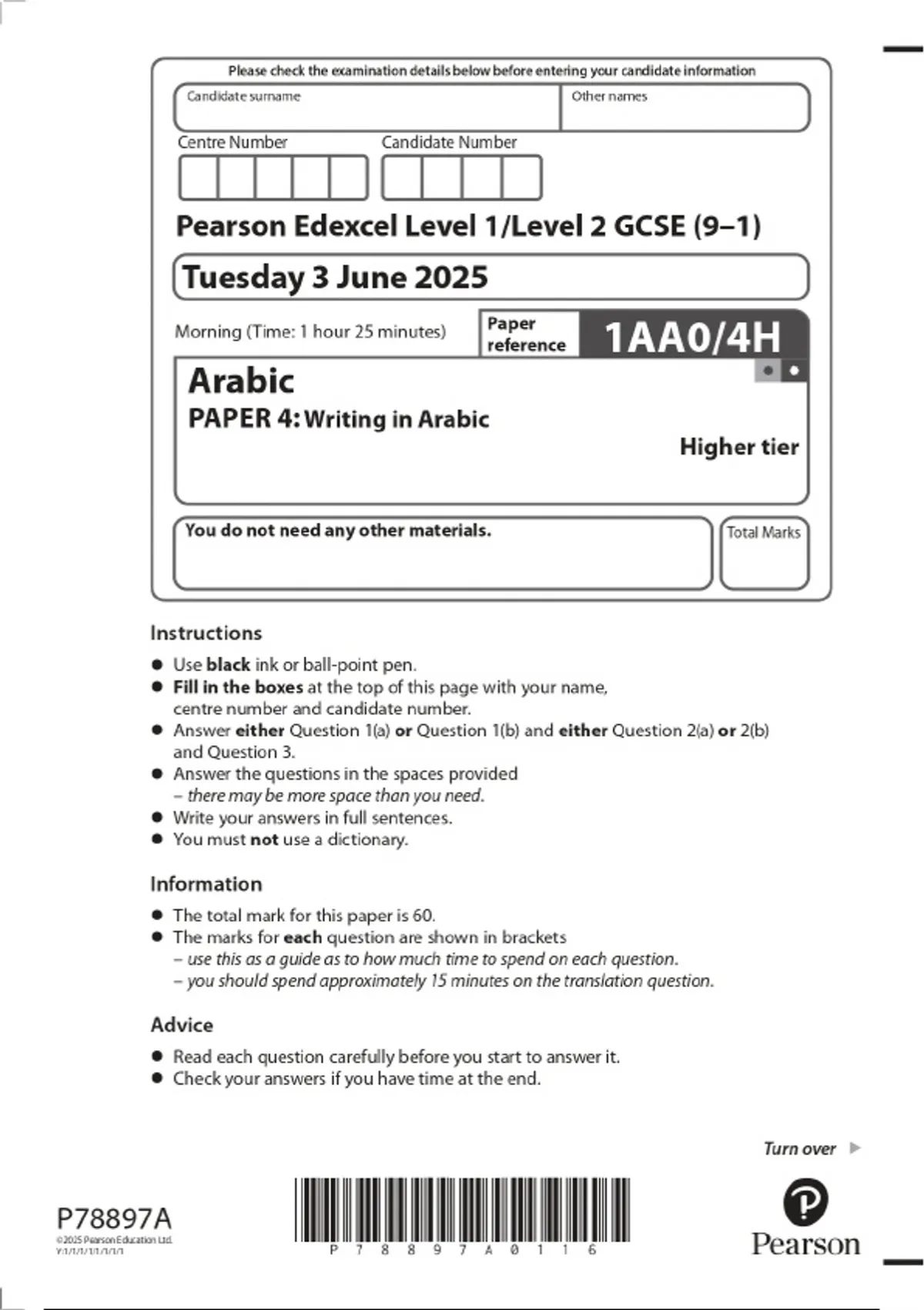 2025 Pearson Edexcel Level 1/Level 2 GCSE (9–1) PAPER 4: Writing in ...