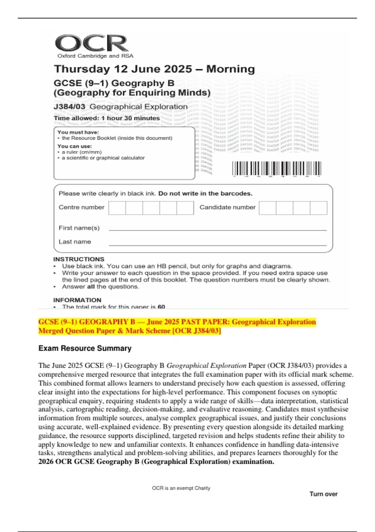 GCSE (9–1) GEOGRAPHY B — June 2025 PAST PAPER: Geographical Exploration ...