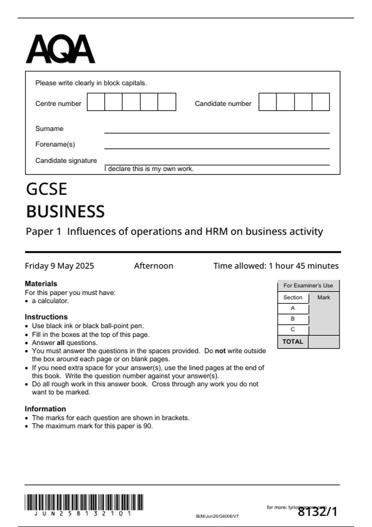 AQA GCSE BUSINESS PAPER 1 QUESTION PAPER AND MARK SCHEME BUNDLE 2025 ...