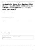 Maryland Boiler License Exam Questions EXAM fully solved & updated 2025-2026&lpar;latest version verified for accuracy&rpar; &lpar;Questions &plus; Answers&rpar; Solved 100&percnt; Correct&excl;&excl;