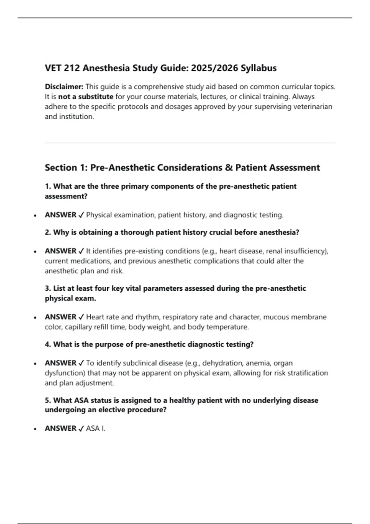 VET 212 Anesthesia Study Guide: 2025/2026 Syllabus - VET 212 Anesthesia ...