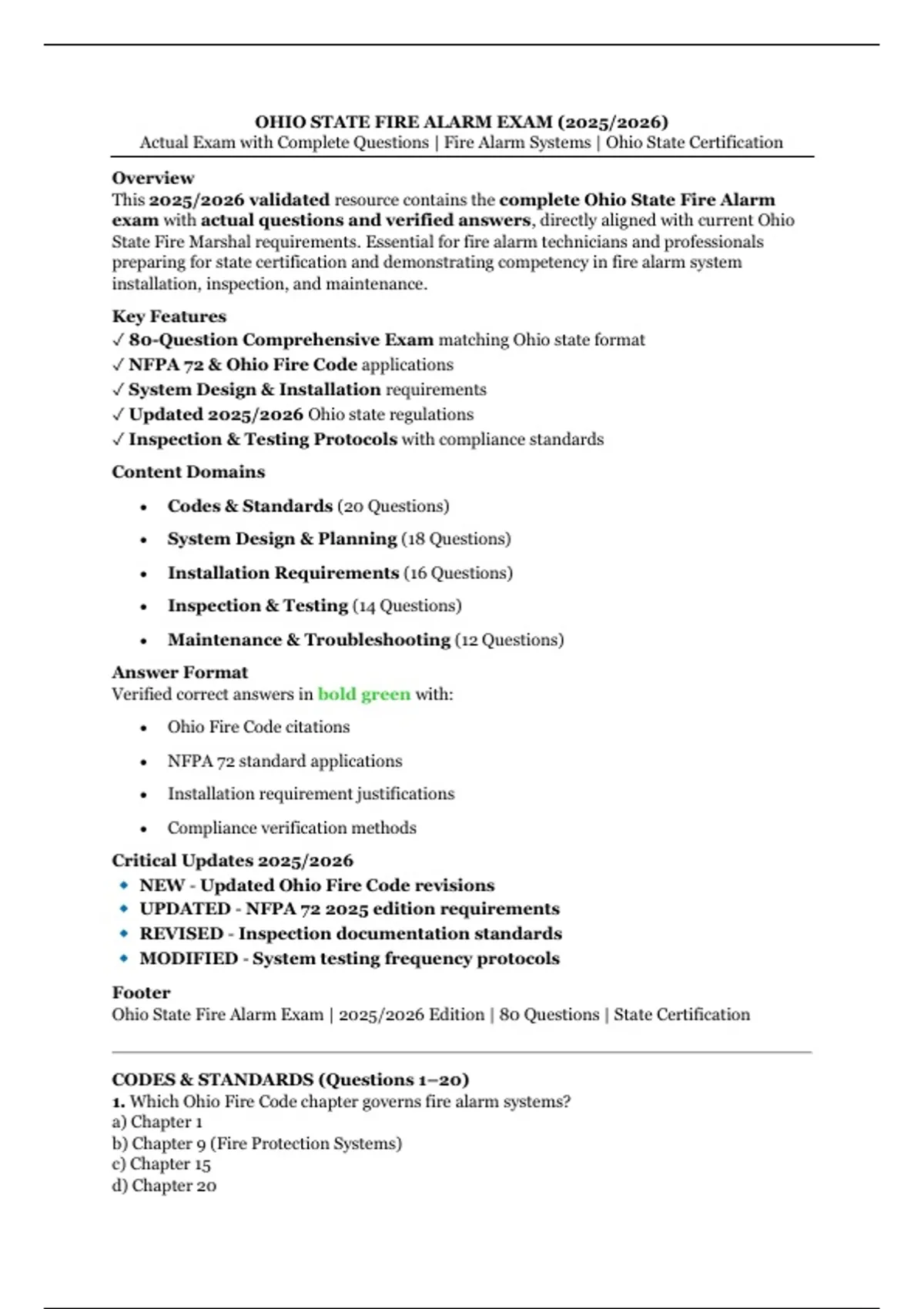 Ohio State Fire Alarm Exam (2025/2026) – Actual Exam with Complete ...