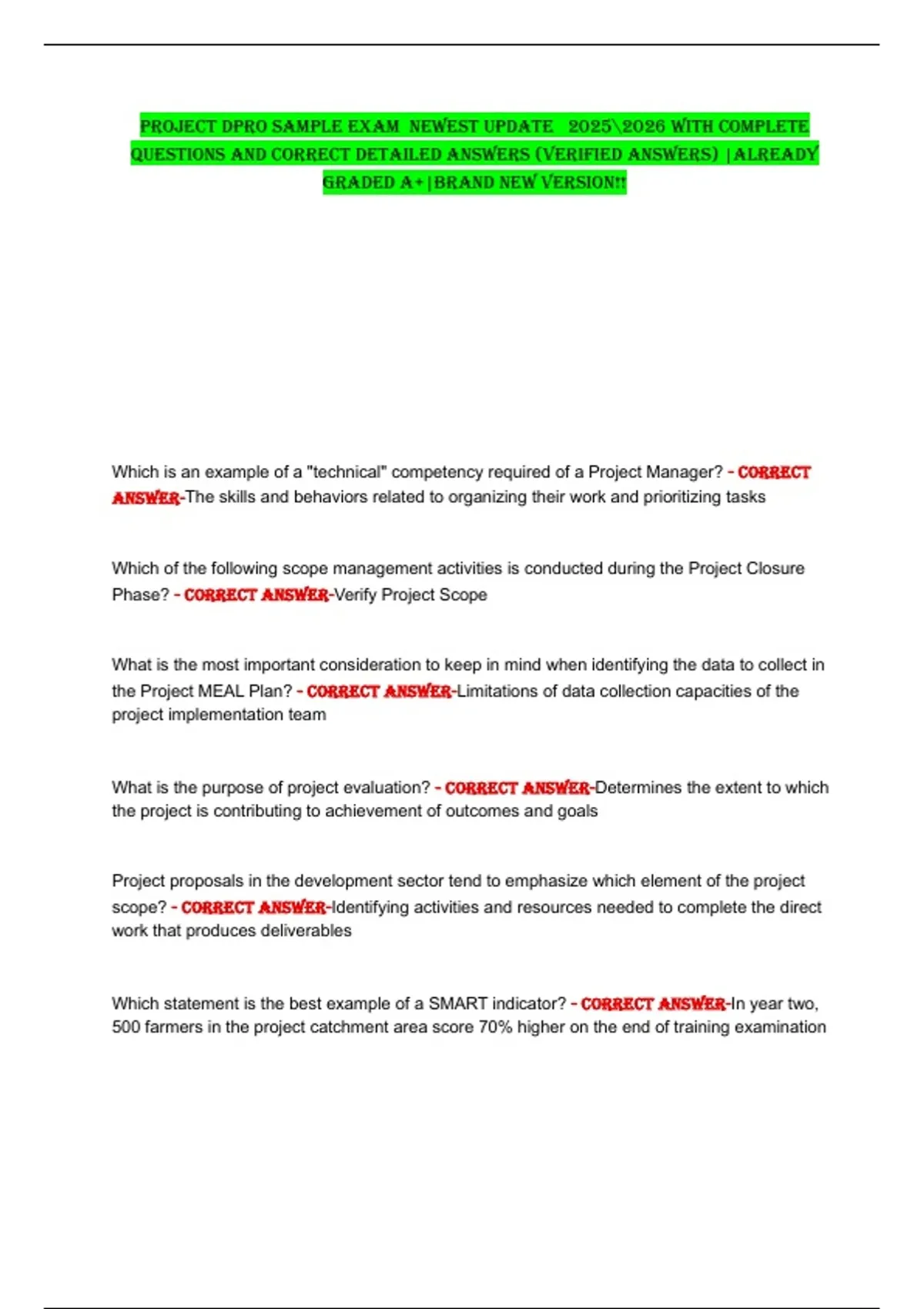 PROJECT DPRO SAMPLE EXAM NEWEST UPDATE WITH COMPLETE QUESTIONS AND ...