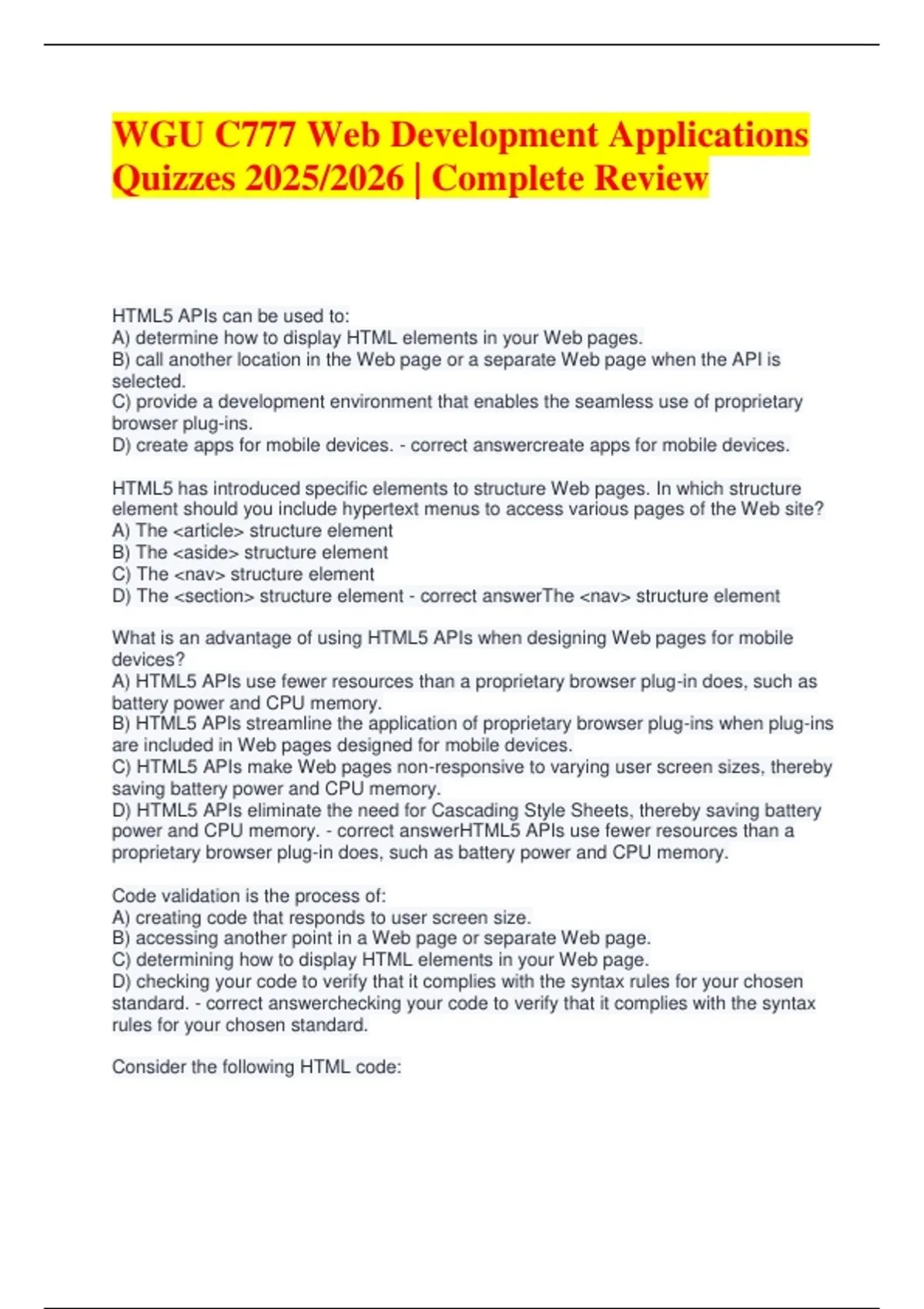 WGU C777 Web Development Applications Quizzes 2025/2026 | Complete ...