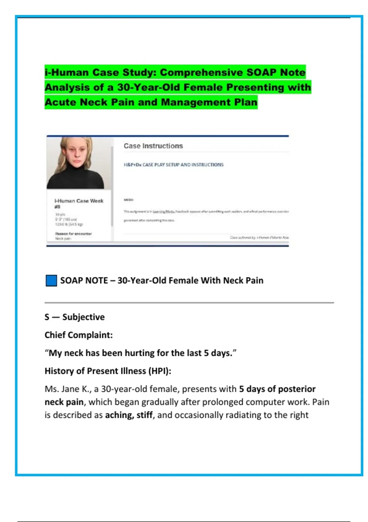 i-Human Case Study: Comprehensive SOAP Note Analysis of a 30-Year-Old ...