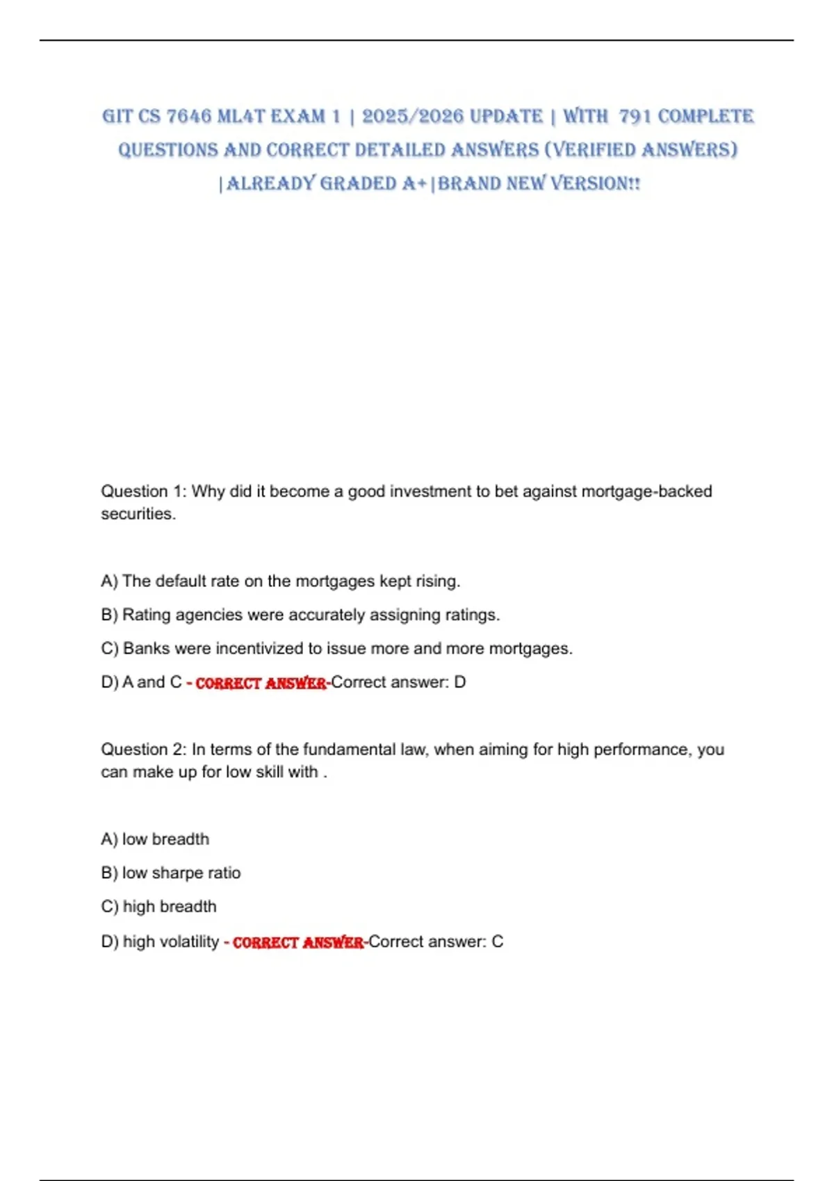 GIT CS 7646 ML4T EXAM 1 | 2025/2026 UPDATE | WITH 791 COMPLETE ...