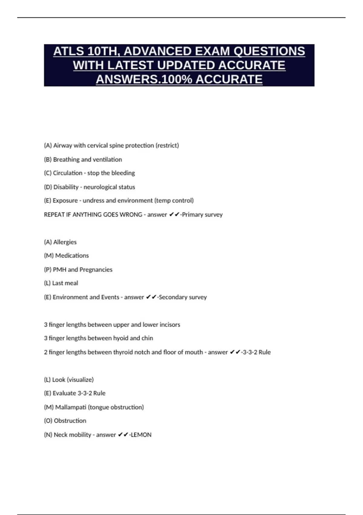 ATLS 10TH, ADVANCED EXAM QUESTIONS WITH LATEST UPDATED ACCURATE ANSWERS ...