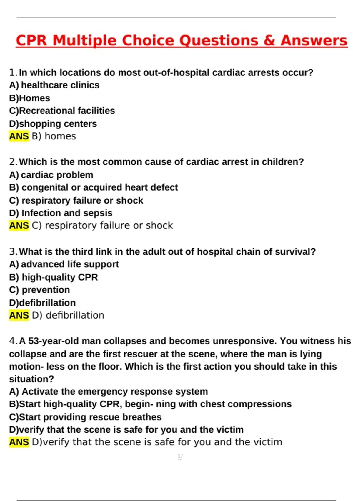 CPR Multiple Choice Exam (Latest 2025 / 2026 Update) Questions and ...
