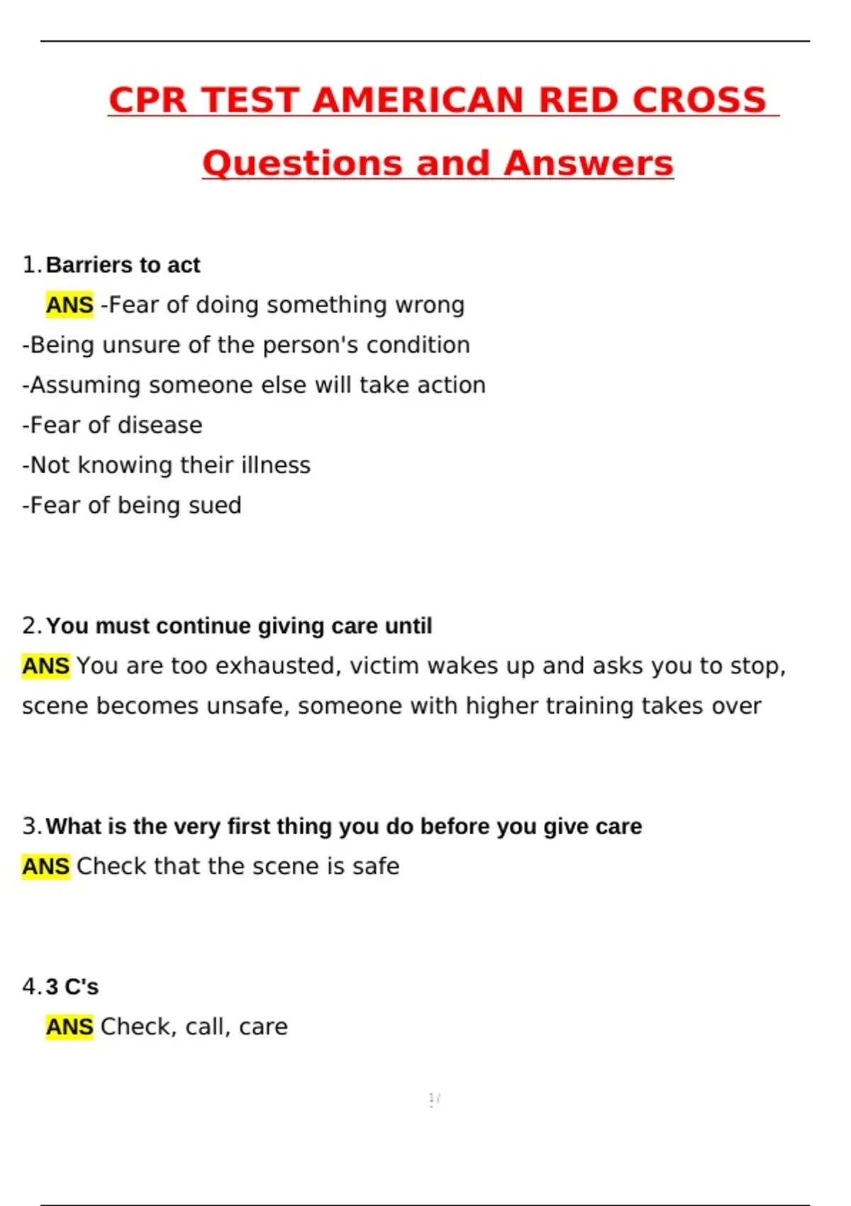 CPR Test-American Red Cross Actual 2025 Newest Updated Questions and ...