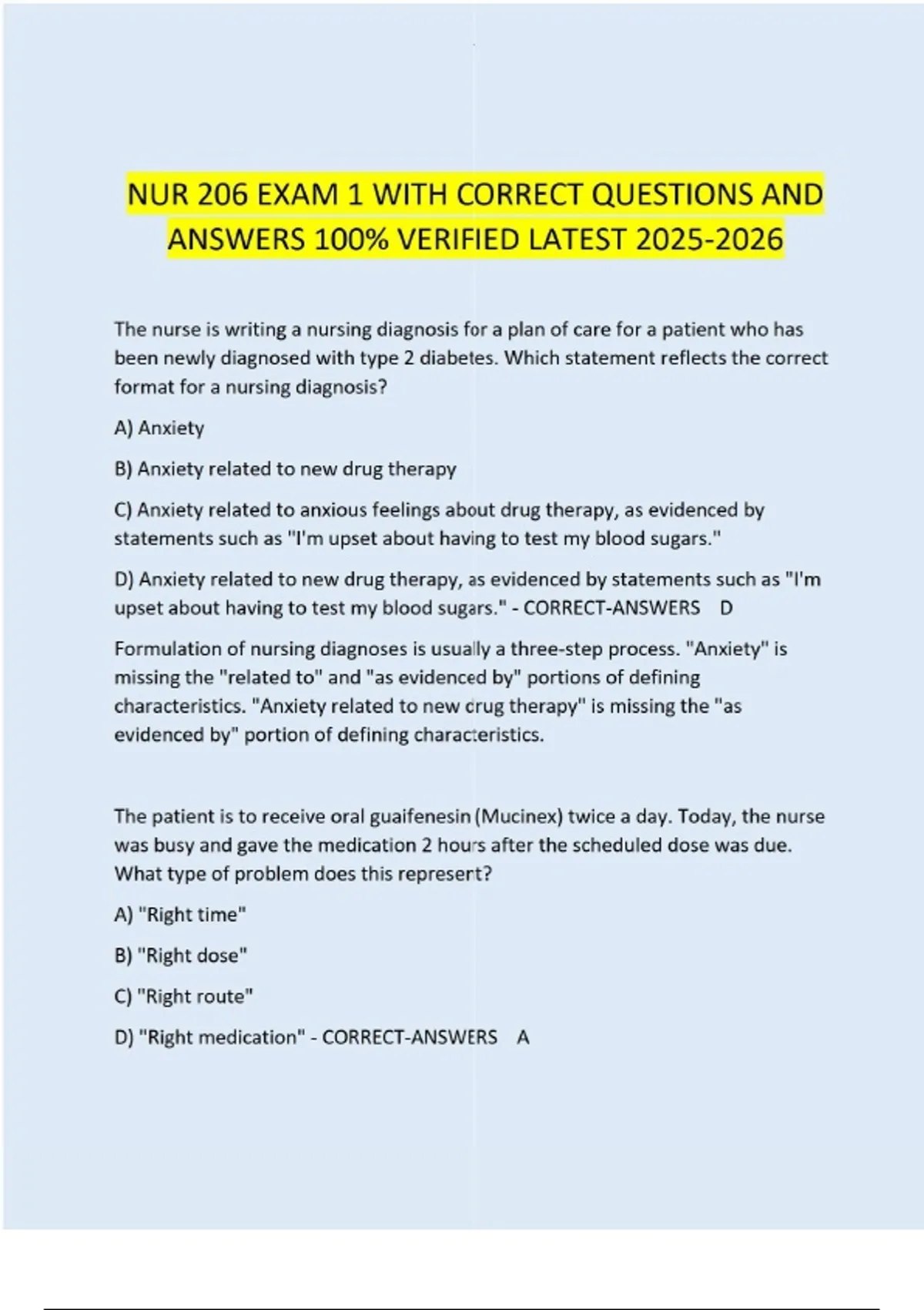 NUR 206 EXAM 1 WITH CORRECT QUESTIONS AND ANSWERS 100% VERIFIED LATEST ...