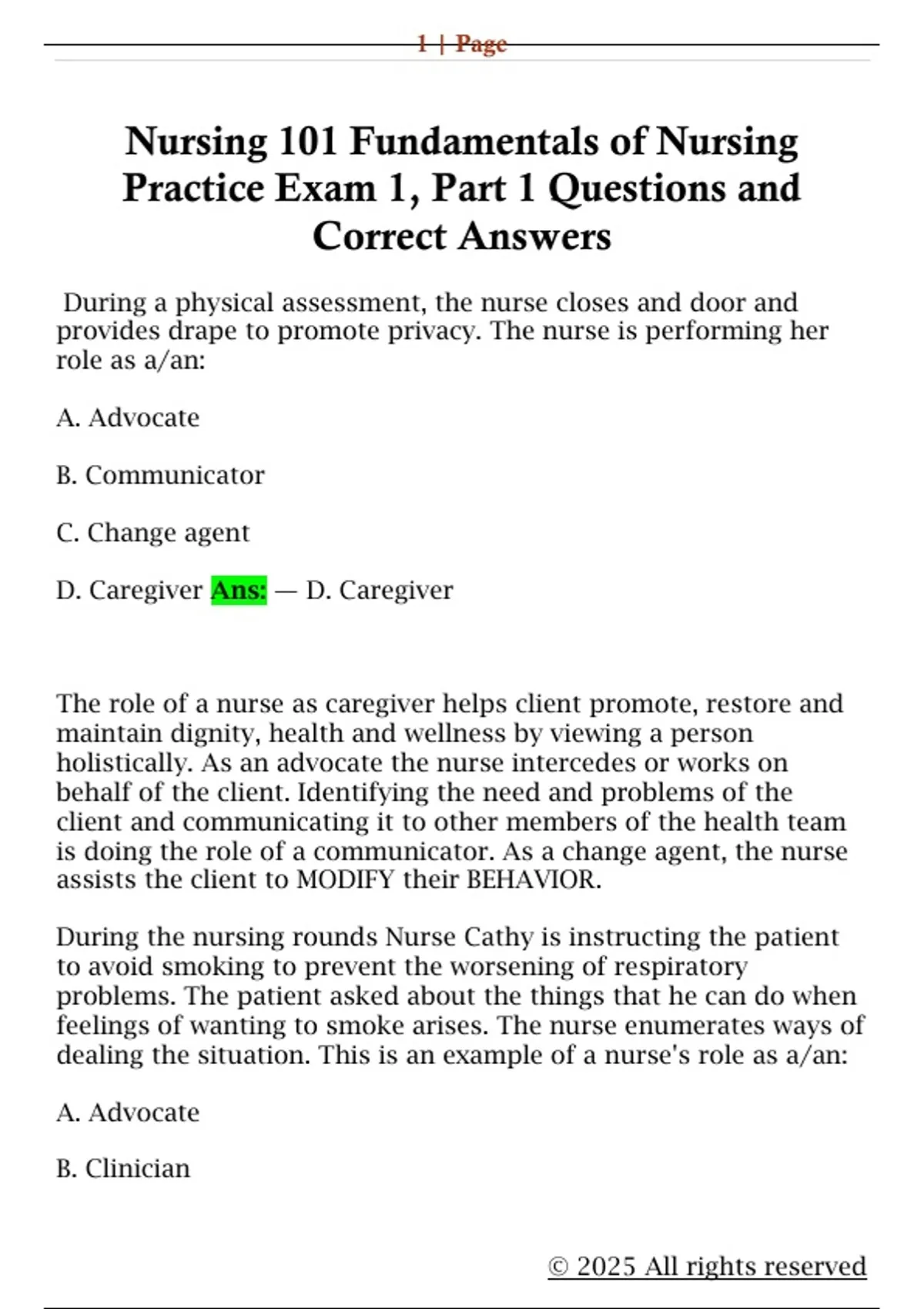 Nursing 101 Fundamentals of Nursing Practice Exam 1, Part 1 Questions ...