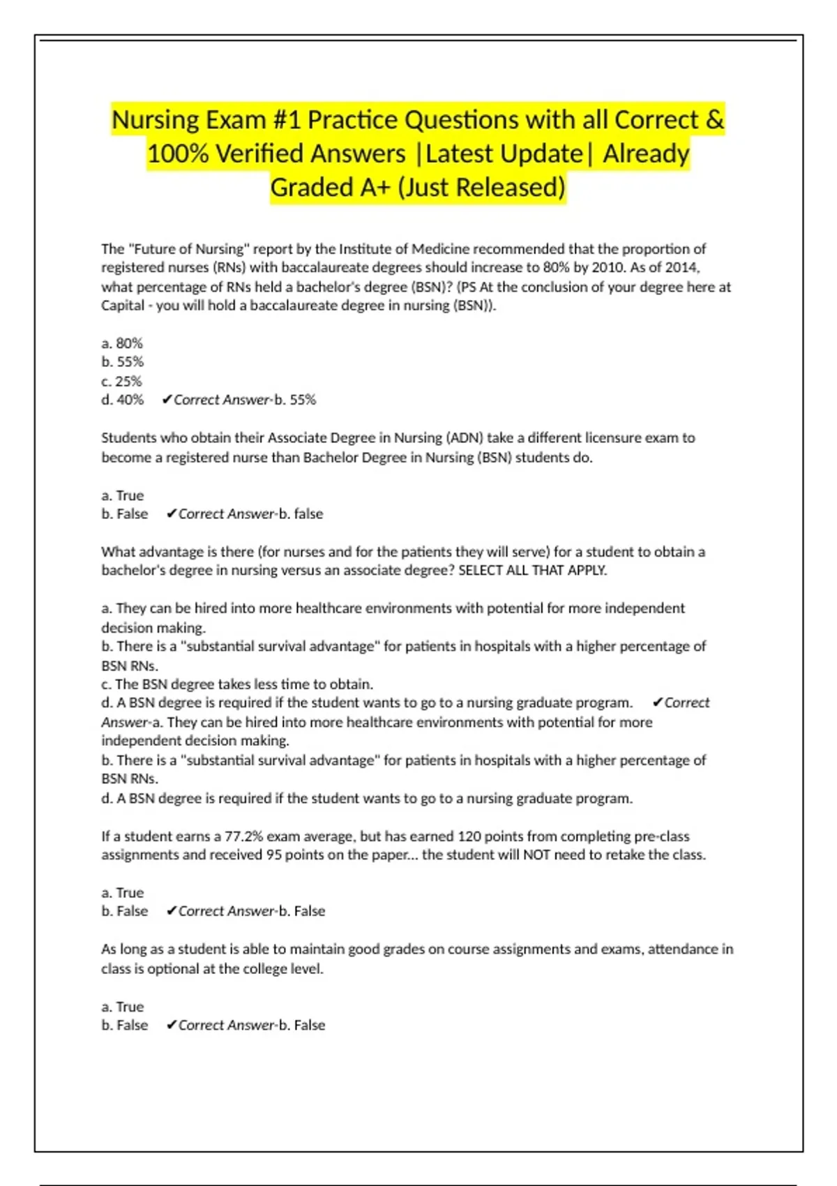 Nursing Exam #1 Practice Questions with all Correct & 100% Verified ...