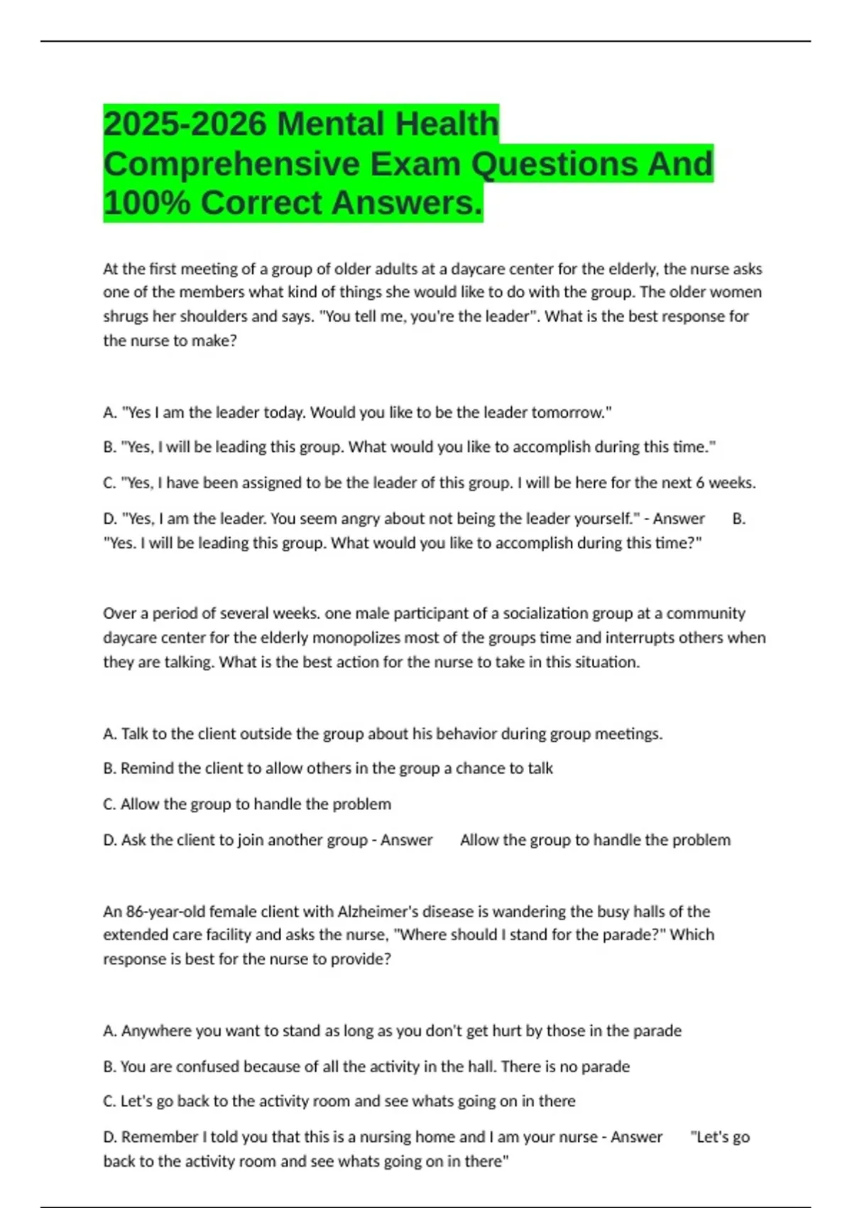 Mental Health Comprehensive Exam Questions And 100% Correct Answers ...